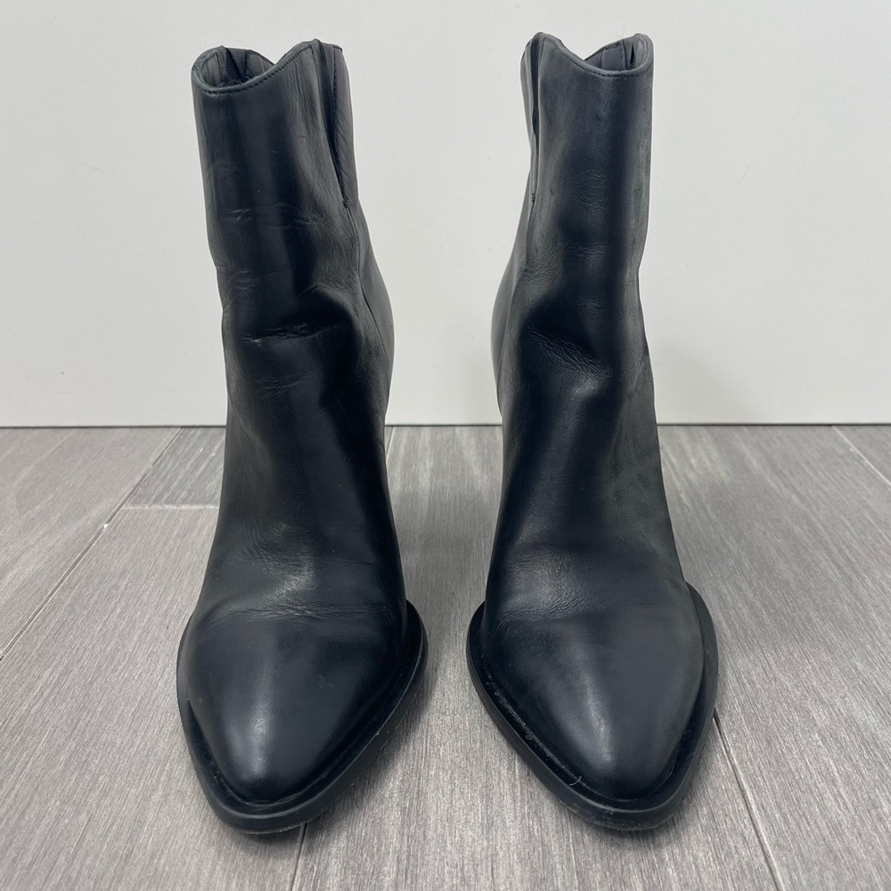 VINCE Erving Western Ankle Bootie Black Leather Stacked Heel Pointed Toe Boots 6 - Picture 6 of 16